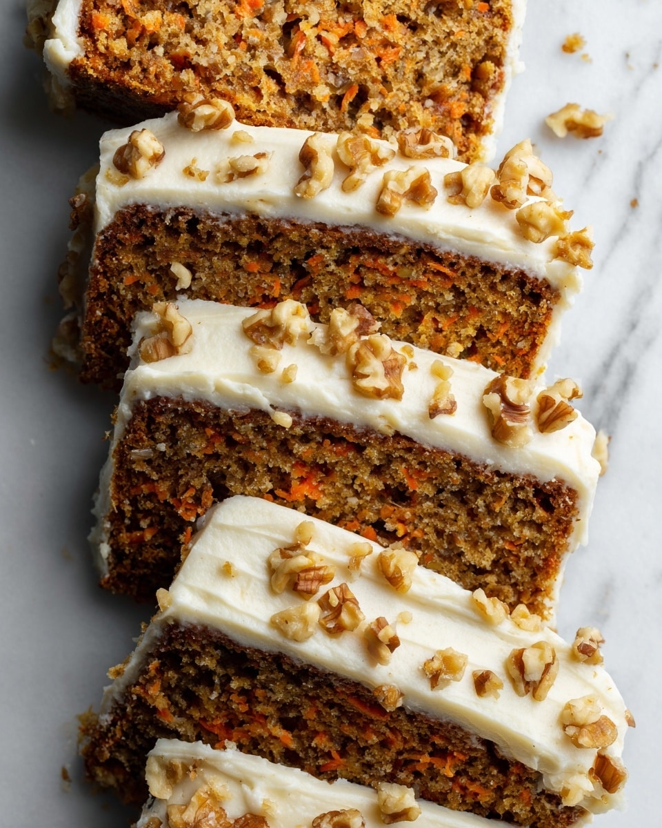 The image shows four slices of carrot cake placed on white parchment paper over a white marbled surface. The cake has three visible layers: a dense, moist carrot cake layer with small orange carrot bits mixed inside, topped by a smooth, thick white cream cheese frosting layer, and sprinkled with chopped walnuts on top. The slices are arranged in a slightly overlapping row, with the bottom slice fully visible and the top slice partially cropped out. The frosting on the top slice is swirled with soft peaks, and walnut pieces are scattered around the slices on the paper. photo taken with an iphone --ar 4:5 --v 7