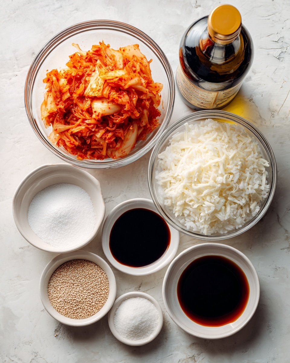 The image shows several clear glass bowls and a sesame oil bottle arranged on a white marbled surface. The largest bowl at the bottom right holds a single layer of white cooked rice with a soft, fluffy texture. Above it to the left is a medium bowl filled with bright orange-red chopped kimchi, showing wet and slightly chunky pieces. Below the kimchi is a small bowl of shredded mozzarella cheese, off-white and stringy. To the left of the rice is a small white bowl filled with fine white sugar. Above the rice are two small white bowls; one contains dark brown soy sauce with a smooth surface, and the other holds light beige sesame seeds that look dry and slightly bumpy. A bottle of sesame oil with a dark label and yellow cap stands upright near the sugar bowl. The clean white marbled background enhances the colors of all ingredients. photo taken with an iphone --ar 4:5 --v 7