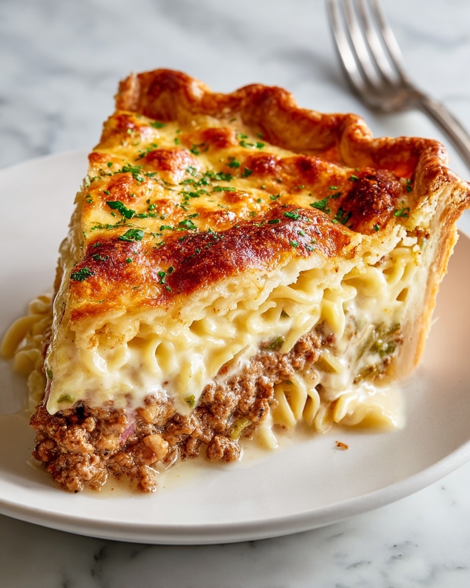 A close-up of a thick slice of pie on a white plate, showing multiple layers. The bottom crust is light golden and crisp, holding a dense layer of cooked ground meat mixed with small pieces of red and green vegetables. Above this is a creamy yellow layer, followed by a more coarse layer with visible soft pasta or noodles. The top layer is a browned, bubbly cheese crust with small green herb bits sprinkled across, and the pie edge has a golden, crimped crust. The white plate rests on a white marbled surface, with a silver fork in the background. Photo taken with an iphone --ar 4:5 --v 7