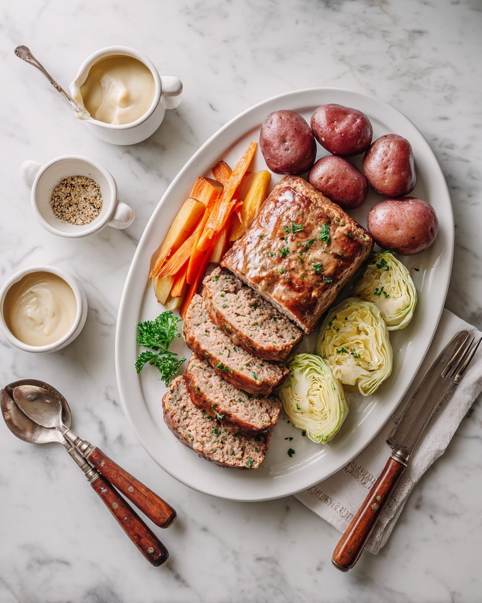The image shows a white oval plate on a white marbled surface filled with a sliced meatloaf that is light brown with visible herbs inside, arranged in two layers down the middle of the plate. Surrounding the meatloaf on the plate are whole reddish-brown baby potatoes, pale green cabbage wedges with some grill marks, and bright orange carrot sticks. To the left of the plate are two small white bowls with sauces, one creamy white sauce with a spoon and one grainy mustard sauce. There is a shiny silver serving spoon and fork with wooden handles resting beside the plate. Photo taken with an iphone --ar 4:5 --v 7