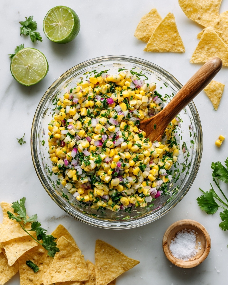 The image shows a clear glass bowl filled with three main layers: yellow corn kernels, finely chopped green herbs, and small bits of red onion mixed together, creating a colorful, fresh salsa. A wooden fork is resting inside the bowl on the right side. Around the bowl on a white marbled surface are scattered pieces of pale yellow tortilla chips, some whole and some broken, along with a wooden lime juicer, several green lime halves, fresh green cilantro sprigs, and a small glass container of white salt. The overall look is bright, fresh, and inviting. photo taken with an iphone --ar 4:5 --v 7