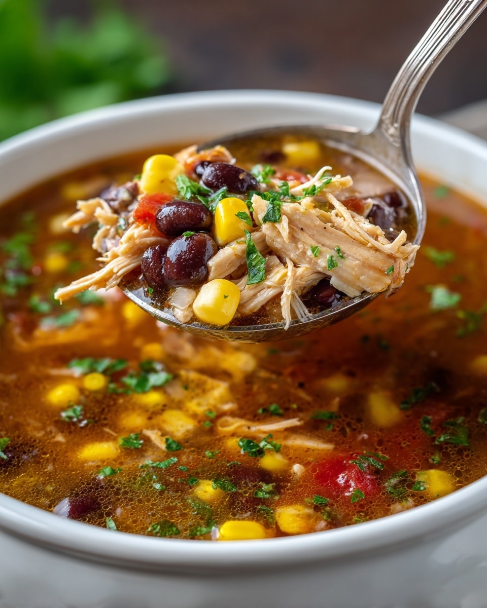 A close-up of a ladle full of chicken soup held above a white bowl filled with the same soup. The soup has shredded light brown chicken pieces, black beans, bright yellow corn kernels, and red diced tomatoes, all mixed in a thin reddish-brown broth. Fresh chopped green herbs are sprinkled on top of the ladle contents. The background shows more of the soup inside the white bowl with a white marbled surface around it. Photo taken with an iphone --ar 4:5 --v 7