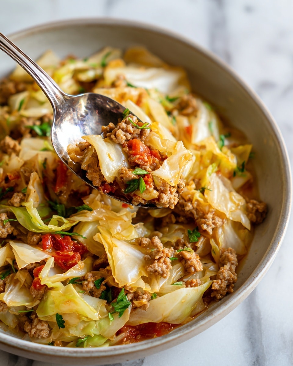 The image shows a close-up of cooked cabbage mixed with ground meat and small pieces of tomato. The cabbage pieces are pale yellow and white with soft, slightly cooked texture, scattered evenly throughout the mix. The ground meat is brown with a crumbly texture, blending well with the vegetables. Small green herbs are sprinkled throughout, adding a touch of color. A silver spoon is lifting a portion of the mixture, revealing a light brown sauce underneath. The dish is set against a white marbled surface. Photo taken with an iphone --ar 4:5 --v 7