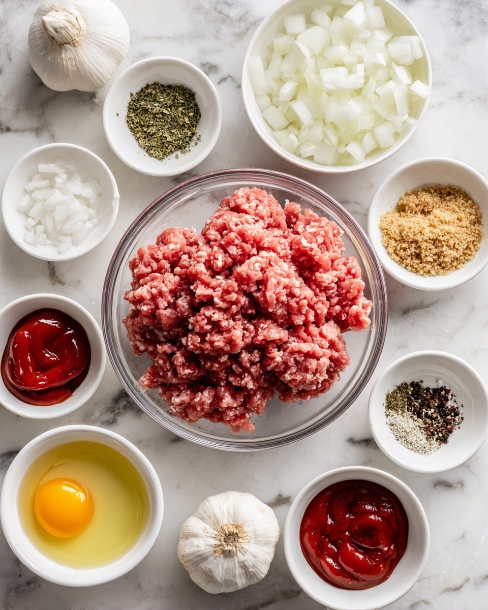 The image shows a top view of various ingredients arranged in a circle on a white marbled surface. In the center, there is a clear glass bowl with raw ground meat, pink and slightly grey in color, with a thick, coarse texture. Surrounding it are ten small white bowls, each containing individual ingredients: at the top right, a bowl with light brown panko breadcrumbs; next to it, a bowl with a golden oil liquid; below that, diced white onions filling a bowl halfway; and to the left, a bowl holding a single egg with a bright yellow yolk and clear white. Nearby, a bowl with two whole garlic cloves rests, while other bowls contain red ketchup, green dried herbs, finely ground light tan seasoning, white salt, and a mix of black and white peppercorns crushed into small bits. The whole setup is bright, clean, and neatly organized. Photo taken with an iphone --ar 4:5 --v 7