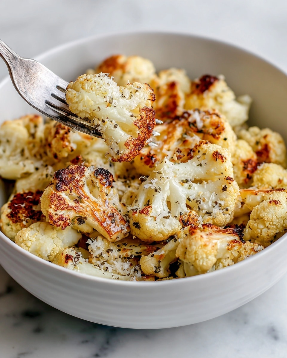 A white bowl filled with roasted cauliflower florets showing a mix of white and golden brown colors with some crispy edges and sprinkled with grated white cheese and black pepper. A silver fork is holding a piece of cauliflower above the bowl, with the roasted texture and crumbly cheese visible on it. The bowl sits on a white marbled surface. photo taken with an iphone --ar 4:5 --v 7