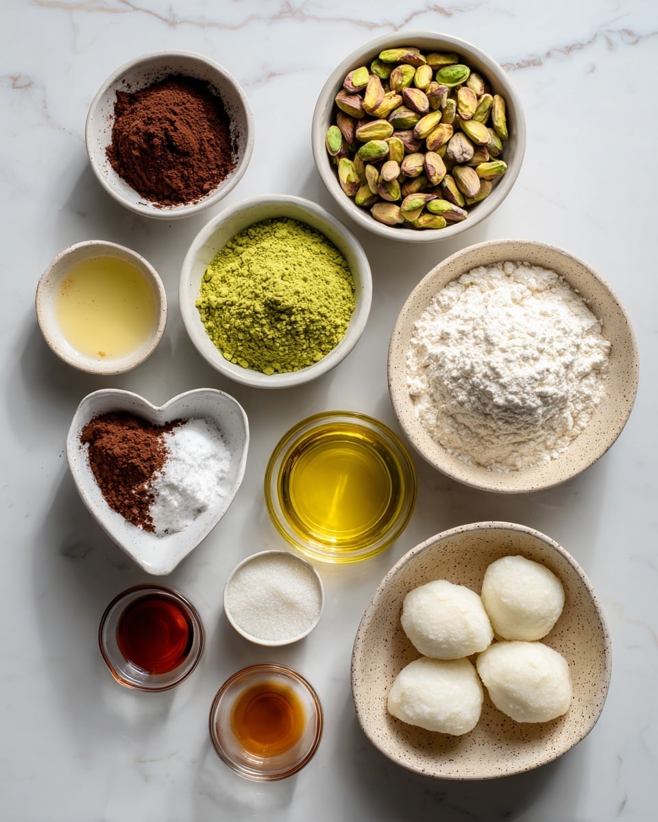 The image shows ten bowls of ingredients arranged neatly on a white marbled surface. Starting from the top left, the first bowl is a small white bowl holding a dark brown powder, followed by a white bowl full of whole green pistachios. Next to it is another white bowl containing a green ground powder. To the right is a larger white bowl filled with a heap of white flour. Below, a clear glass bowl holds a golden yellow liquid, likely oil. A cream irregular-shaped bowl contains white sugar mixed with a dark brown powder. Next to it is a tiny bowl with a light golden liquid, and another small bowl beside it holds a reddish-brown liquid. Below is a white bowl with several soft, white balls that look creamy. Finally, on the right, a beige speckled bowl contains a crumbly off-white texture. The overall setup is clean and well lit, photo taken with an iphone --ar 4:5 --v 7
