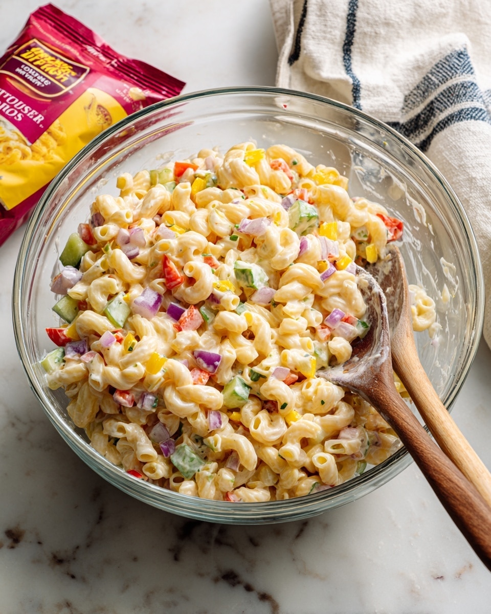 A large clear glass bowl sits on a white marbled surface, filled with a creamy pasta salad with three layers visible: a base of pale yellow elbow macaroni with a smooth texture, mixed evenly with small, diced bright green cucumber pieces and chunks of red and yellow bell peppers, along with bits of purple onion scattered throughout; two wooden spoons emerge from the bowl, one resting inside and one stirring the salad, showing the creamy, lightly speckled dressing coating the pasta. In the background, a packet with a red top and bright yellow bottom leans on the bowl, and a white, blue, and black striped cloth is partially seen. Photo taken with an iphone --ar 4:5 --v 7