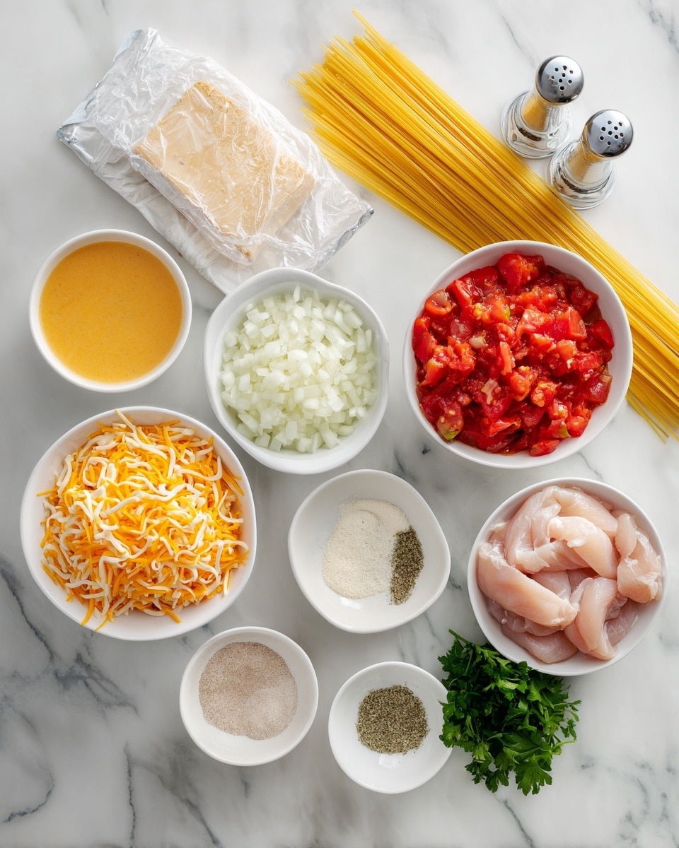 The image shows various cooking ingredients arranged on a white marbled surface. In the center, there is a bundle of uncooked yellow spaghetti placed horizontally. Above the spaghetti is a white bowl filled with shredded cheddar or colby jack cheese, light orange and creamy in texture. To the left of the spaghetti is a white bowl with smooth, creamy yellow cream of chicken soup. Below that is another white bowl containing bright red chopped Rotel tomatoes. To the right of the spaghetti are two white bowls: one with chopped white onions and another shallow bowl holding light brown Italian seasoning. Nearby, there are small white dishes with white onion powder and beige garlic powder. Fresh green parsley lies beneath the bowls on the right side. At the bottom right, a white bowl holds pale pink raw chicken tenders wrapped in light brown parchment paper. To the bottom left of the chicken is aluminum-wrapped cream cheese and a metal grater with minced garlic. A white salt shaker and a white pepper shaker sit close to the seasoning bowls. The setup looks clean and fresh with all items clearly visible and neatly placed. Photo taken with an iphone --ar 4:5 --v 7