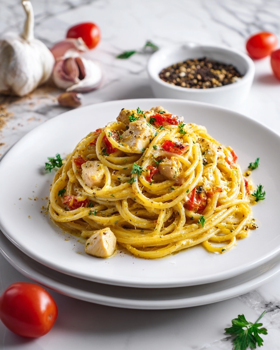 A white plate holds a large serving of creamy yellow spaghetti mixed with small pieces of red tomatoes and white chicken chunks. The pasta is garnished with small green parsley leaves scattered on top. The plate sits on another stacked white plate on a white marbled surface. Around the plate are a few small red tomatoes, a garlic bulb, and a small white bowl filled with black and green spices, creating a simple cooking scene. Photo taken with an iphone --ar 4:5 --v 7