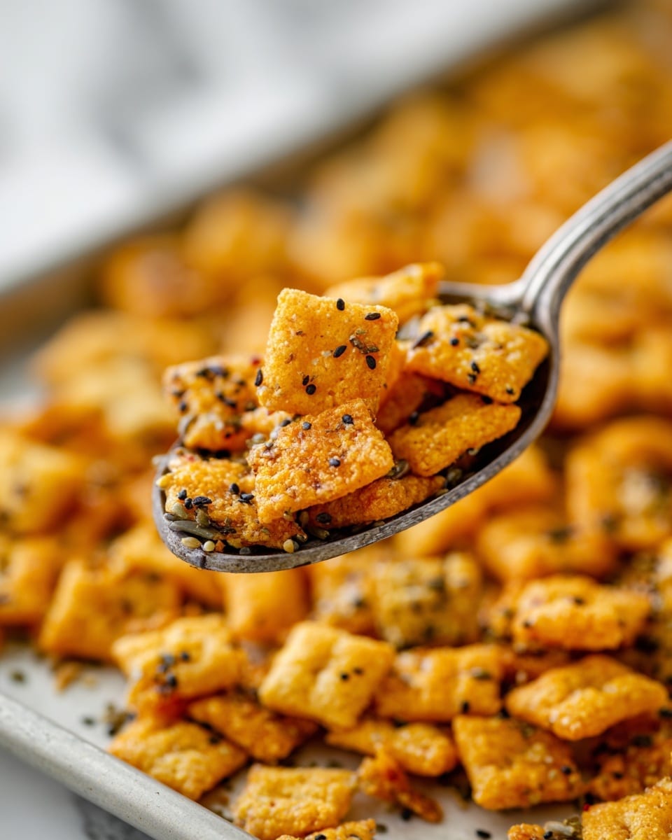 A close-up view of a silver spoon holding golden-baked, small square-shaped snacks with a crunchy texture, sprinkled with black and white seeds. Each piece is slightly puffed and has a shiny, toasted surface with a mix of light and dark golden browns. Below the spoon, there is a large tray full of the same crispy pieces, spread out and slightly out of focus. The background is a white marbled texture. The photo taken with an iphone --ar 4:5 --v 7