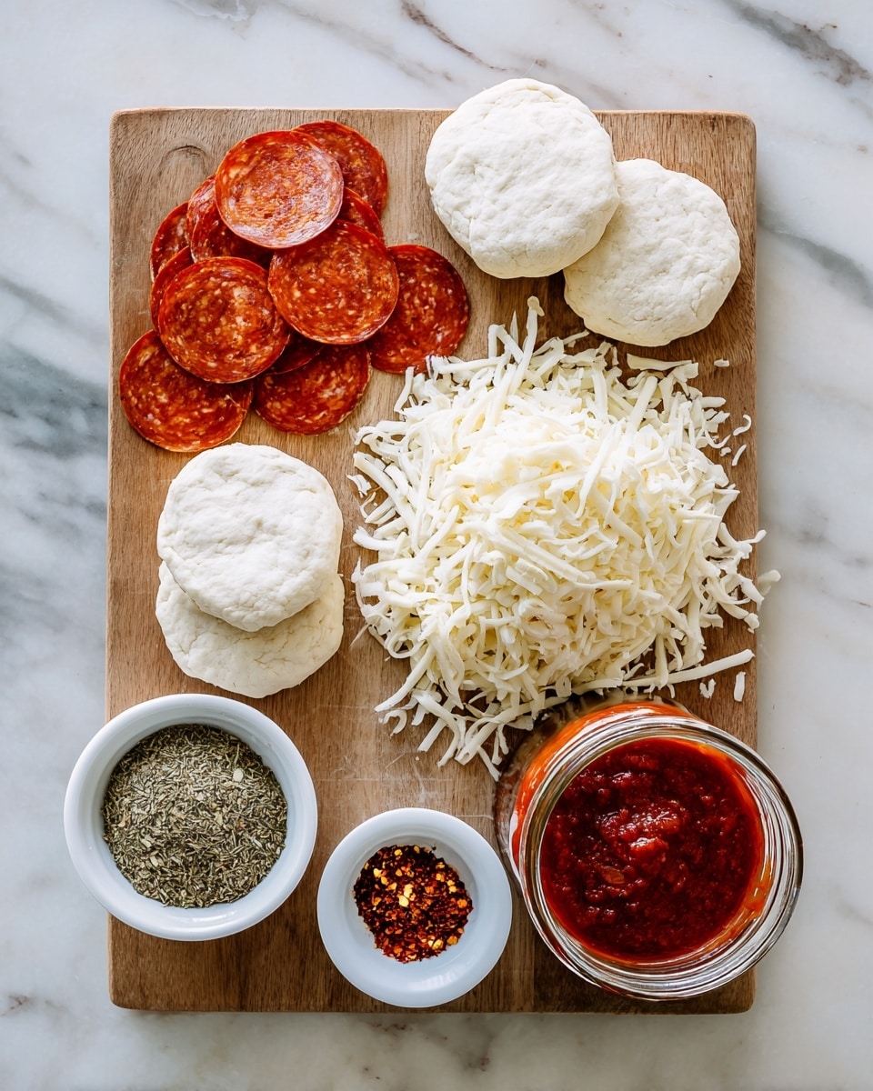 The image shows a wooden cutting board on a white marbled surface with ingredients for a pizza. On the board, there are five round white biscuit dough pieces stacked slightly, a pile of bright red pepperoni slices arranged loosely, a large mound of shredded mozzarella cheese in off-white color, and an open jar filled with rich red pizza sauce. Below the board on the marbled surface are two small white bowls, one holding dried green Italian seasoning and the other containing a pinch of crushed red pepper flakes in orange and red tones. The layout is neat, with each ingredient grouped separately for clear viewing photo taken with an iphone --ar 4:5 --v 7