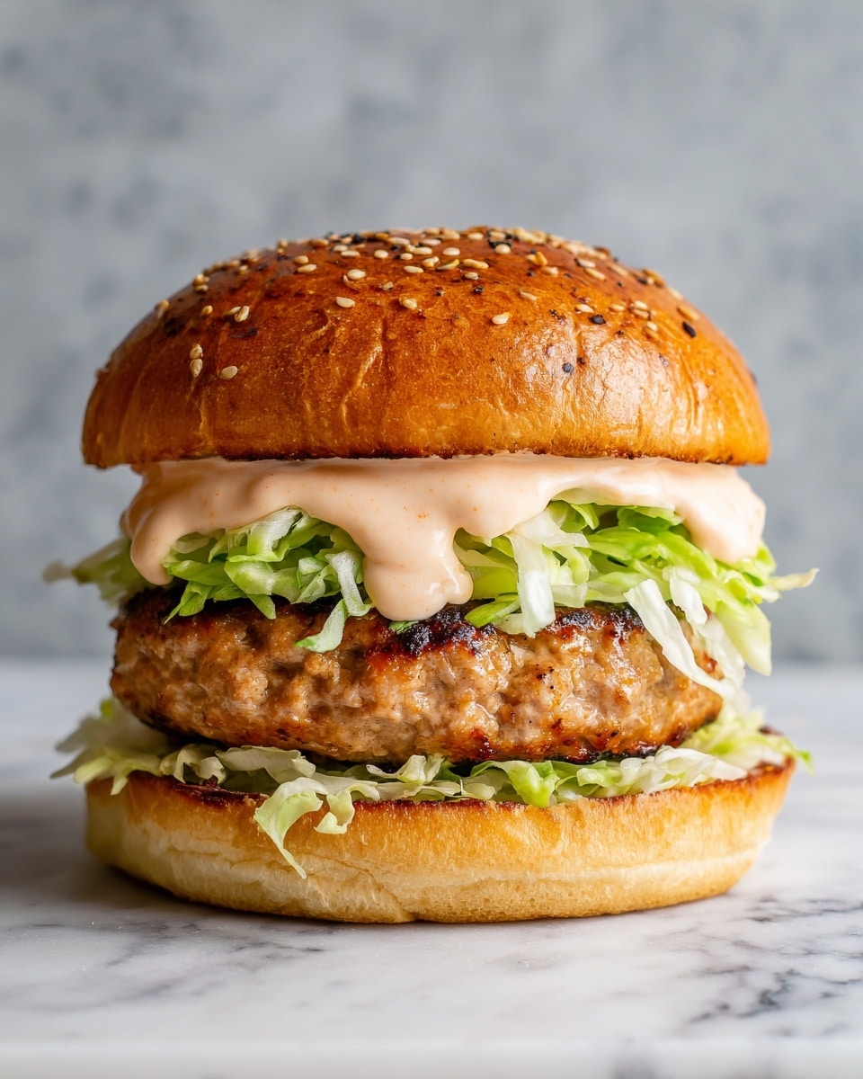 A tall burger with a golden brown sesame seed bun at the top, lightly toasted with grill marks. Below it, there is a thick, juicy grilled meat patty with a slightly shiny texture, dripping with creamy, light pink sauce. Bright green shredded lettuce is layered above and below the patty, spilling out on the sides. The bottom bun is soft and golden brown with some lettuce and sauce sitting on it. The whole burger is placed on a white marbled surface with a simple grey textured wall behind it. Photo taken with an iphone --ar 4:5 --v 7