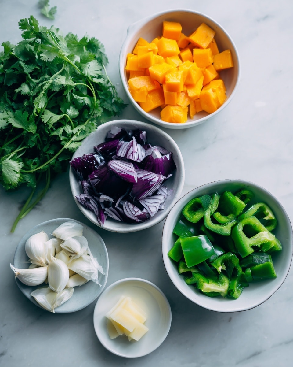 The image shows five white bowls on a white marbled surface, each holding different fresh ingredients. The largest bowl contains bright green cilantro leaves on one side and bright orange chunks of squash on the other. A medium bowl has vibrant dark purple onion pieces, each cut into quarters with visible layers. Another bowl is filled with shiny cut green bell pepper pieces. A smaller plate holds large white garlic cloves cut into smaller sections, placed loosely. The smallest plate contains a small square of light yellow bouillon cube. The lighting is soft and natural, giving a fresh look to the ingredients photo taken with an iphone --ar 4:5 --v 7