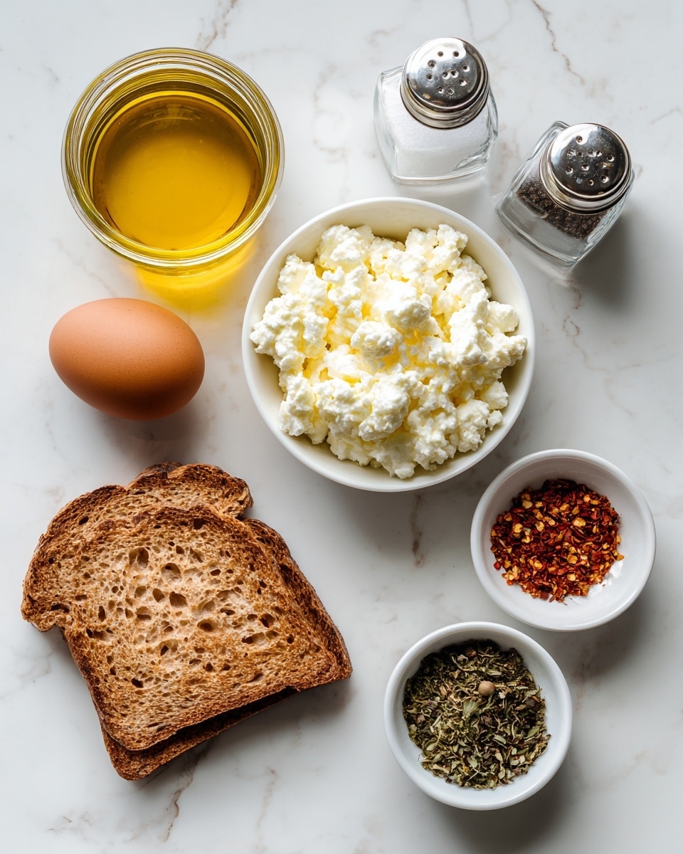 The image shows several cooking ingredients laid out on a white marbled surface. At the top left, there is a clear glass jar filled with golden-yellow oil. To its right, a small clear glass salt shaker with white salt inside stands next to a small clear glass pepper shaker with black pepper. Below these, in the center, is one brown egg positioned near a small white bowl filled with white cottage cheese that has a soft and lumpy texture. On the right side, there are two small white bowls, one filled with bright red chili flakes and the other with dark green dried herbs. At the bottom left, a single slice of toasted brown bread rests on the surface. The objects are spaced out evenly and neatly, creating a clean and simple composition. Photo taken with an iphone --ar 4:5 --v 7