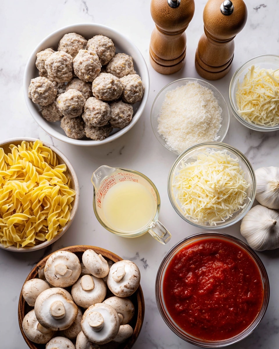 A top view shows several cooking ingredients arranged neatly on a white marbled surface: a white bowl filled with round frozen meatballs with a rough texture sits at the top left; next to it are two wooden salt and pepper mills standing tall. To the right, there are two clear glass bowls, one filled with grated white parmesan cheese, and the other with fluffy, shredded mozzarella cheese. Below these, a glass measuring cup contains a light yellow broth with a smooth liquid texture. A separate white bowl holds tight spirals of yellow pasta. At the bottom left, a small wooden basket is filled with whole white mushrooms, some showing their round caps and others the stems, alongside a garlic bulb and a glass bowl with bright red marinara sauce that looks thick and rich. Photo taken with an iphone --ar 4:5 --v 7