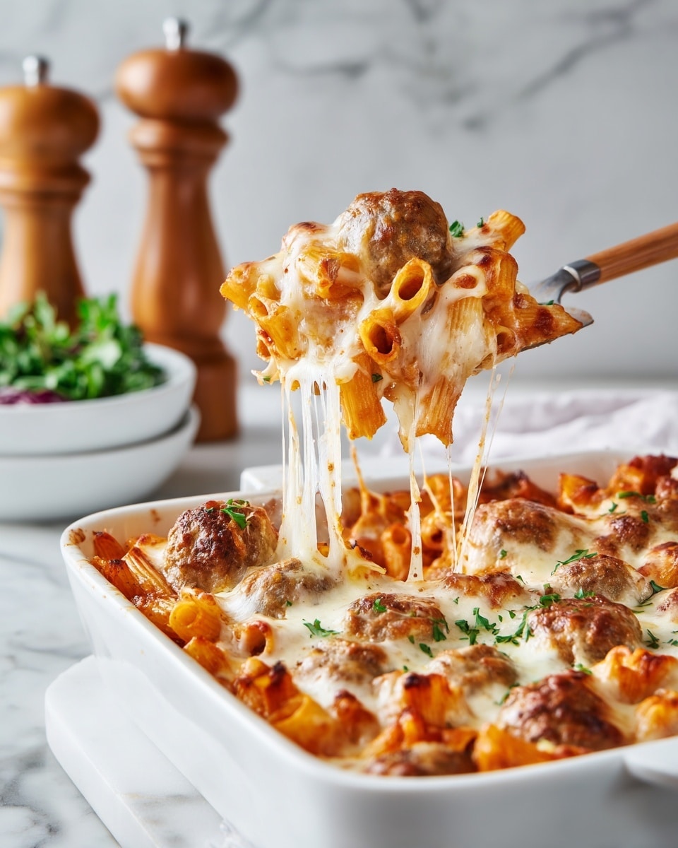 The image shows a close-up of a white spatula lifting a serving of baked pasta with meatballs and melted cheese. The dish has several layers: the bottom layer is small tubular pasta that is orange in color, covered in a rich tomato sauce; above the pasta are round, brown meatballs that are slightly browned; the third layer is creamy melted white cheese that stretches and drips from the spatula, creating a stringy texture; green herbs are sprinkled lightly on top, adding a touch of fresh color. In the background, there is a blurred white bowl with green leafy garnish and wooden pepper mills, all set on a white marbled surface. photo taken with an iphone --ar 4:5 --v 7