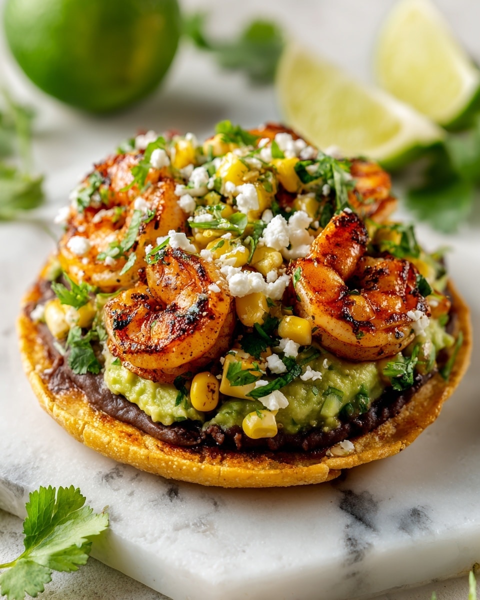 A close-up of a tostada on a white marbled surface, showing three clear layers: the bottom layer is a crispy golden tortilla, topped with a thick spread of dark refried beans, followed by a layer of bright green mashed avocado. On top, grilled shrimp with a charred orange color sit under a colorful mixture of yellow corn, chopped green herbs, and white cheese crumbles scattered across. Behind the tostada, there is a whole lime and a lime wedge adding a fresh green touch. The scene is bright and fresh with some green cilantro leaves in the corner. Photo taken with an iphone --ar 4:5 --v 7