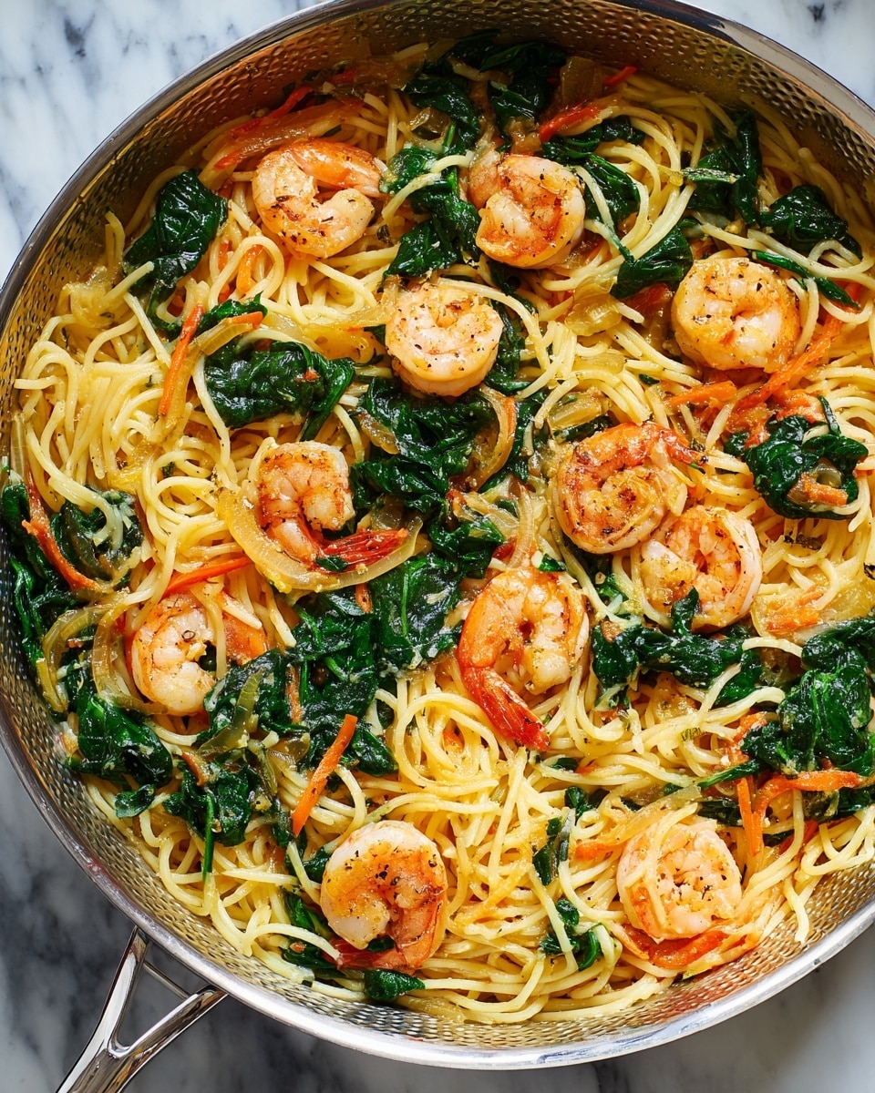 This image shows a pan filled with shrimp pasta. The base layer is light yellow spaghetti noodles spread evenly throughout the pan. Mixed in are several whole cooked shrimp with a light orange-pink color, positioned on top and scattered across the noodles. Bright green spinach leaves are spread around, resting on the noodles. Thin orange strips of bell pepper add color and texture, along with small bits of translucent cooked onions. The dish has a slight sheen from light sauce spread across everything. The pan itself is silver with a textured inner surface, and it sits on a white marbled surface photo taken with an iphone --ar 4:5 --v 7