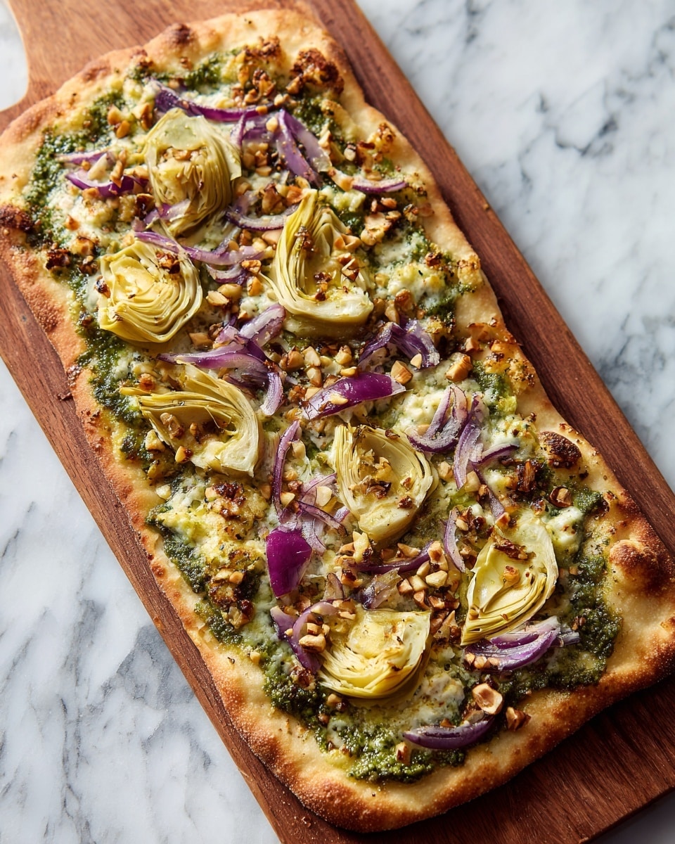 A rectangular flatbread pizza with a light golden crust sits on a wooden board. The flatbread is topped with a green pesto-like spread covering the entire surface as the first layer. On top of this green layer, slices of artichoke hearts in creamy light yellow are placed evenly. Scattered purple onion slices add color contrast alongside small bits of toasted nuts that add texture. The edges of the crust are puffed and slightly darker brown. The background is a white marbled surface. Photo taken with an iphone --ar 4:5 --v 7