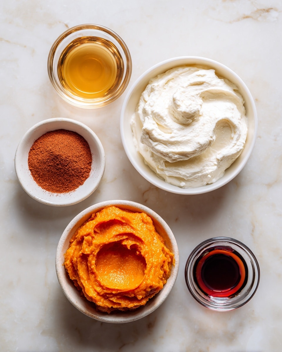 The image shows five small white bowls on a white marbled surface. The largest bowl at the bottom left contains bright orange mashed pumpkin with a soft, smooth texture and subtle swirls on top. At the top right, a similarly sized white bowl holds thick, creamy white yogurt, gently layered with soft peaks. To the left of the yogurt bowl, a small round bowl holds a clear dark amber liquid, showing a glossy surface. Below the yogurt and amber liquid bowls, a tiny white dish contains a reddish-brown powder, evenly filled and smooth. Finally, a very small clear container at the bottom right holds a small amount of dark reddish syrup with light reflections. photo taken with an iphone --ar 4:5 --v 7