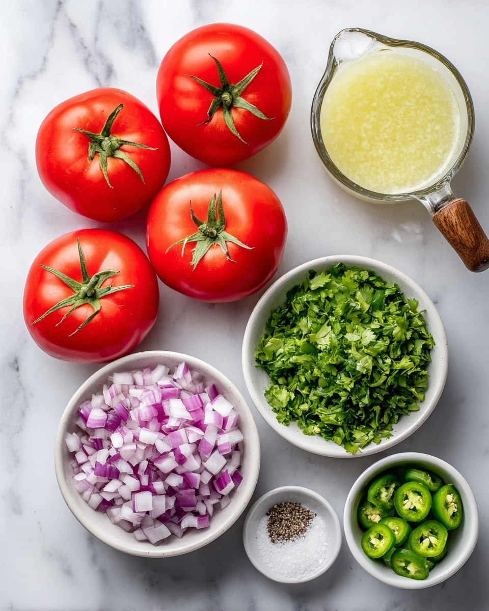 The image shows fresh ingredients arranged on a white marbled surface. There are five bright red tomatoes with green stems on the left side. At the top right, there is a small clear glass measuring cup filled with pale yellow lime juice and a wooden handle. Below the lime juice is a small white bowl filled with chopped green cilantro. Next to it, on the right side, is a larger white bowl filled with finely chopped red onions that have white and purple layers. Below the cilantro, there is a small white bowl with small chopped bright green jalapenos. At the bottom, there are two small white dishes: one holds ground black pepper and the other holds white salt. Each ingredient is neatly separated and labeled. Photo taken with an iphone --ar 4:5 --v 7