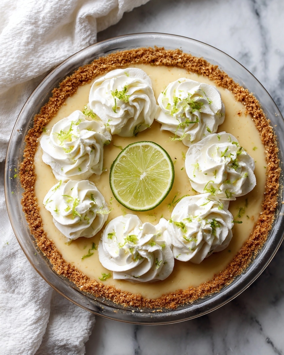The image shows a lime pie in a clear glass pie dish on a white marbled surface. The base layer is a crumbly golden brown crust, holding a smooth, pale yellow lime filling. On top of the filling, there are seven evenly spaced swirls of white whipped cream, with one swirl in the center topped by a thin round slice of lime. A few small green lime zest sprinkles decorate the whipped cream swirls, giving a fresh look. The background is simple with a white marbled texture and part of a white cloth visible on the left side. photo taken with an iphone --ar 4:5 --v 7