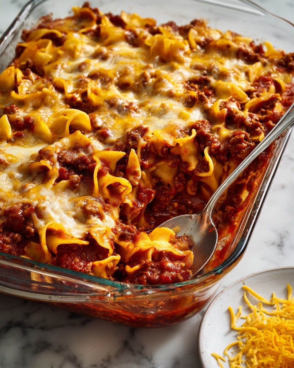 The image shows a close-up of a glass baking dish filled with a layered pasta casserole. The bottom layer is made of curved egg noodles mixed with a thick red tomato meat sauce with small chunks of cooked ground meat. The noodles and meat sauce are covered with a layer of melted yellow and white cheese, which looks stringy and slightly browned in places. A silver serving spoon is partially scooping out a portion from the bottom right corner, revealing the gooey layers inside. The casserole sits on a white marbled surface, with a small white plate of shredded yellow and white cheese visible at the bottom right edge of the image. photo taken with an iphone --ar 4:5 --v 7