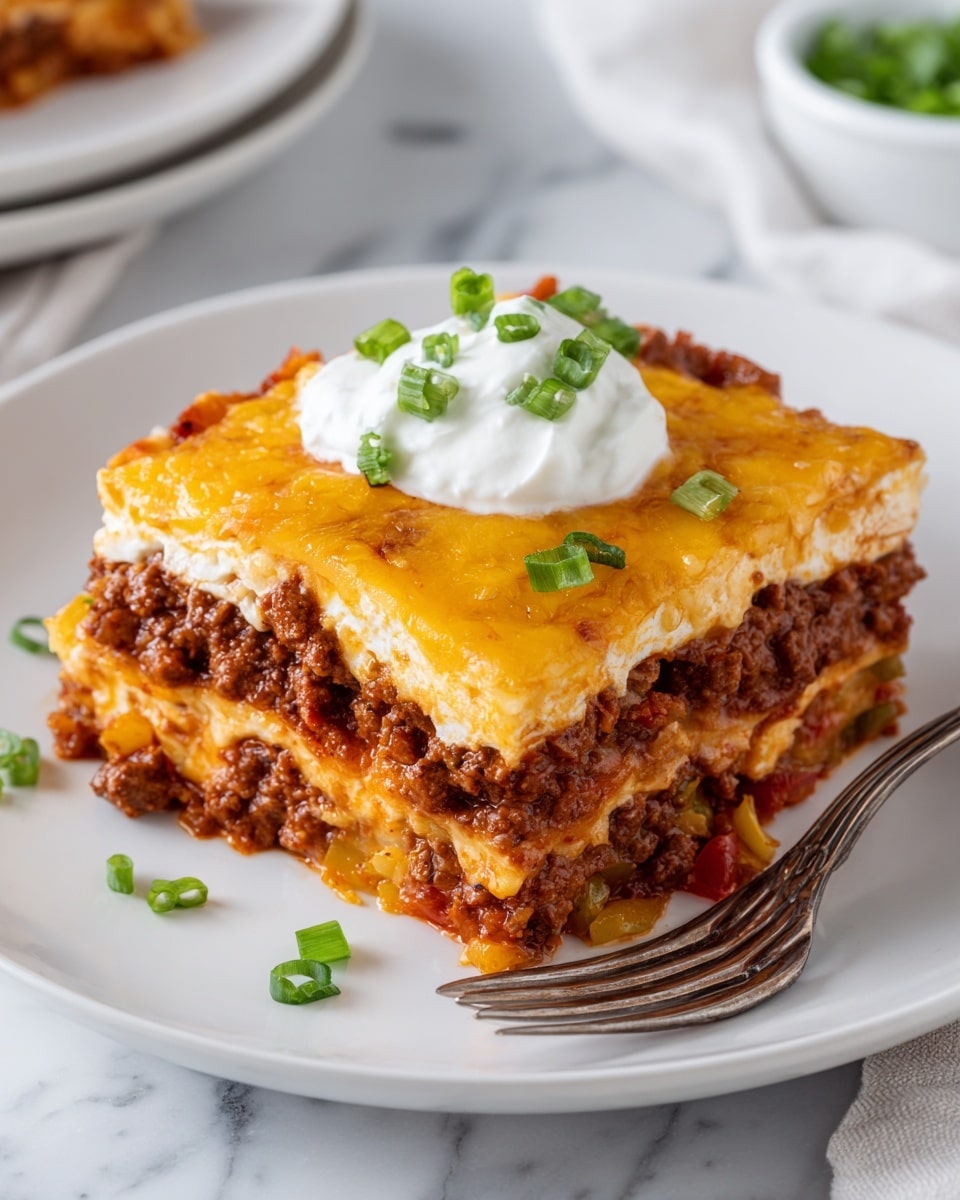 A slice of layered casserole sits on a white plate on a white marbled surface, showing at least four layers: the bottom layer appears to be diced cooked vegetables with bits of red and brown, topped by a thick layer of browned meat sauce, followed by a generous layer of melted golden cheese with a slightly crispy edge, and a dollop of white sour cream on top garnished with chopped green onions. A silver fork rests on the plate near the casserole. Photo taken with an iphone --ar 4:5 --v 7