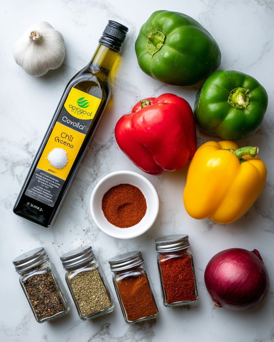 The image shows various cooking ingredients neatly arranged on a white marbled surface. There are three whole bell peppers in green, red, and yellow at the top right, with a whole red onion below them. To the left of the onion is a full bottle of avocado oil with a green and yellow label. Near the top left corner, there is one whole garlic bulb. Below the onion and peppers are two small white bowls, one filled with salt and the other with black pepper. At the bottom, there are four clear square glass spice jars with silver lids, labeled from left to right: Chili Powder, Paprika, Cumin, and Oregano. Each jar contains spices of different reddish and brown shades. The objects are well spread out and clearly visible in natural light. photo taken with an iphone --ar 4:5 --v 7