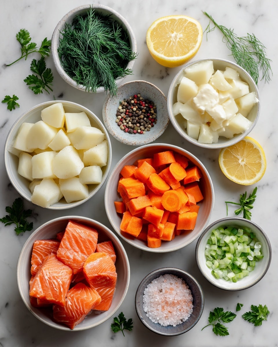 A top view of several white bowls on a white marbled surface, each holding different ingredients: one bowl contains thick orange salmon chunks with visible striations, another has ivory-colored cubed potatoes, and a smaller bowl holds bright orange carrot slices. There is a bowl with chopped pale green onions, another with fresh dark green dill and lemon slices on the side, and small bowls with coarse white salt, pink Himalayan salt, and mixed round peppercorns with dried green herbs. Two lemon wedges and a small bowl of creamy white sauce are also placed around, with scattered green parsley leaves adding more color. Photo taken with an iphone --ar 4:5 --v 7