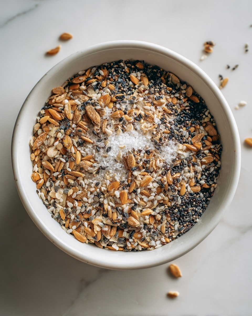 A close-up of a white ceramic bowl filled with a mix of seeds and spices layered evenly. The top layer shows light brown toasted garlic pieces, small white sesame seeds, black sesame seeds, and medium-sized light tan sunflower seeds scattered throughout, mixed with coarse white salt flakes. The bowl sits on a white marbled surface with soft natural light highlighting the textures of the seeds and spices. photo taken with an iphone --ar 4:5 --v 7