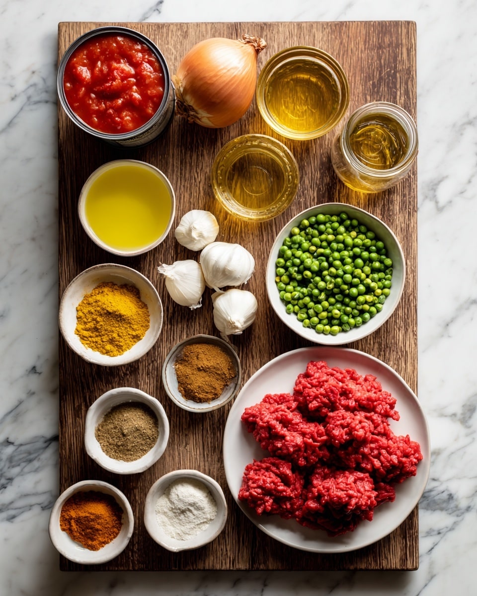 A wooden board sits on a white marbled surface, holding various cooking ingredients arranged neatly. On the left, a can of chopped tomatoes and a whole onion are placed next to a tube of tomato puree. Small bowls and dishes across the board hold yellow ghee, clear water, brown cumin powder, beige coriander powder, orange curry powder, and darker garam masala. Three garlic cloves and a jar of ginger paste rest near the center. On the right, a white plate holds raw red minced beef, and next to it is a small white bowl filled with green peas. White text labels each ingredient clearly. Photo taken with an iphone --ar 4:5 --v 7