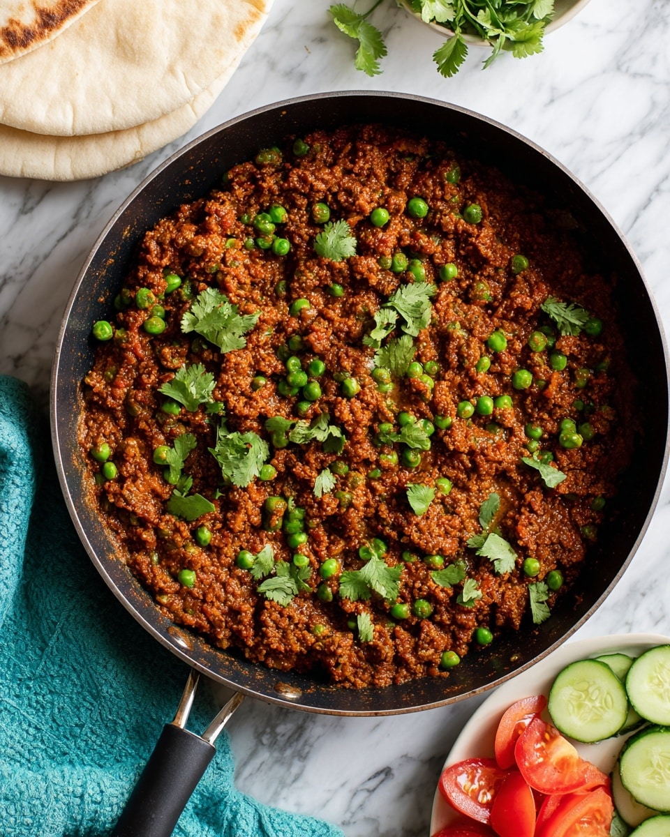 A black pan filled with a thick, reddish-brown minced meat and pea mixture, showing a textured and moist surface scattered with fresh green peas and chopped cilantro leaves. On the right side of the pan, there is a small pile of sliced light green cucumber and bright red tomato pieces, adding color contrast. The pan rests on a white marbled surface with folded white flatbreads and a teal cloth in the background, creating a cozy setting. photo taken with an iphone --ar 4:5 --v 7