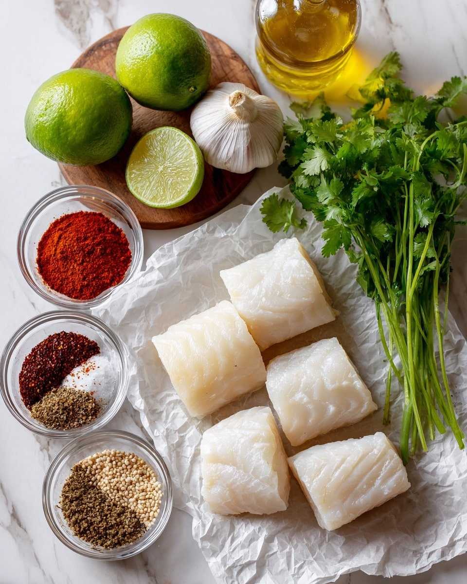 The image shows six raw pieces of cod with a smooth, pale white texture, placed on crumpled white parchment paper in the center right. Below them is a bunch of fresh coriander with bright green leaves standing out on a small wooden board. Above the cod, there are two green limes and a bulb of garlic sitting on a white marbled wooden table. To the right of the garlic, a clear glass bottle of golden oil is visible. On the left side of the image, there are six small glass bowls filled with spices: deep red paprika, brown coriander powder, red chili flakes, black pepper, white salt, and mixed sesame seeds, all arranged neatly in two rows. The whole setup is on a white marbled wooden surface, and text labeling the ingredients is handwritten in white. Photo taken with an iphone --ar 4:5 --v 7