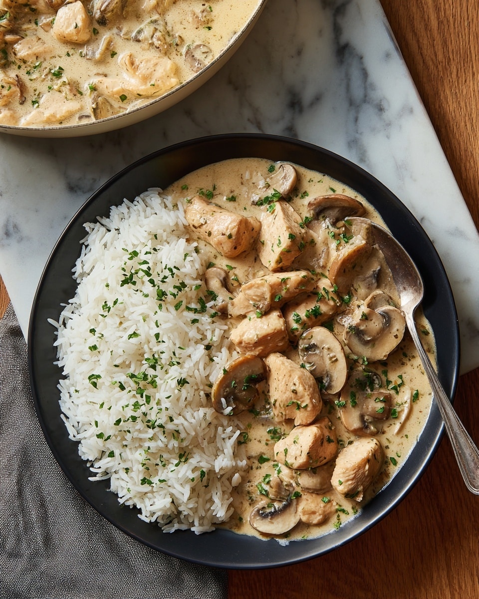A close-up image showing a black plate filled with a creamy chicken and mushroom dish with sauce on the left half and white rice on the right half. The chicken pieces are light brown and covered in thick beige sauce, with sliced mushrooms mixed in. Bright green chopped herbs are sprinkled on top. A metal spoon rests on the right side of the plate. Next to the plate on a wooden table, there is a white pan with more of the creamy chicken dish and a white marble surface underneath. The scene is natural and warm. Photo taken with an iphone --ar 4:5 --v 7
