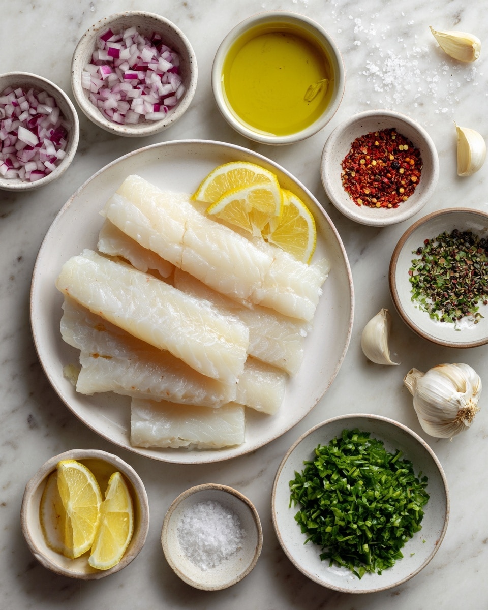 The image shows several small white bowls and a white plate arranged neatly on a white marbled surface. The white plate holds four long, pale pieces of fish fillet placed side by side. Around the plate, the small bowls contain different ingredients: lemon slices, chopped shallots, minced garlic, chopped herbs, ground black pepper, red pepper flakes, olive oil, two whole garlic cloves, and some chopped green herbs. There is also a small pile of salt and a lemon half on the surface. Everything looks fresh and ready for cooking. photo taken with an iphone --ar 4:5 --v 7