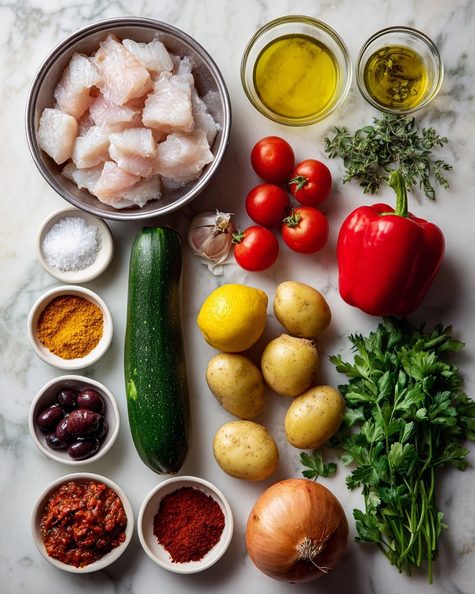 The image shows various fresh ingredients neatly arranged on a white marbled surface. At the top center is a small metal bowl filled with raw fish fillets, pale pink in color and smooth in texture. Below and to the right of the fish is a dark green zucchini, long and slightly shiny, next to a bright red bell pepper with a glossy finish. On the right side, there are fresh green sprigs of cilantro and parsley with leafy textures. Near the center are four small yellow potatoes with a smooth skin, an orange-brown onion with papery outer layers, and a bright yellow lemon with a dimpled peel. On the left side, two whole red tomatoes sit close together, showing a smooth, shiny surface. Nearby are small white dishes holding a variety of ground spices in warm shades of red, orange, and light brown, dried garlic cloves that are off-white and papery, bits of sun-dried tomatoes in deep red, tomato paste with a thick, rich red color, green and black olives in a glass bowl, a clear glass bowl with yellow olive oil, and a small clear bowl of white salt crystals. The ingredients are spaced evenly and labeled with black text above or beside each item. Photo taken with an iphone --ar 4:5 --v 7