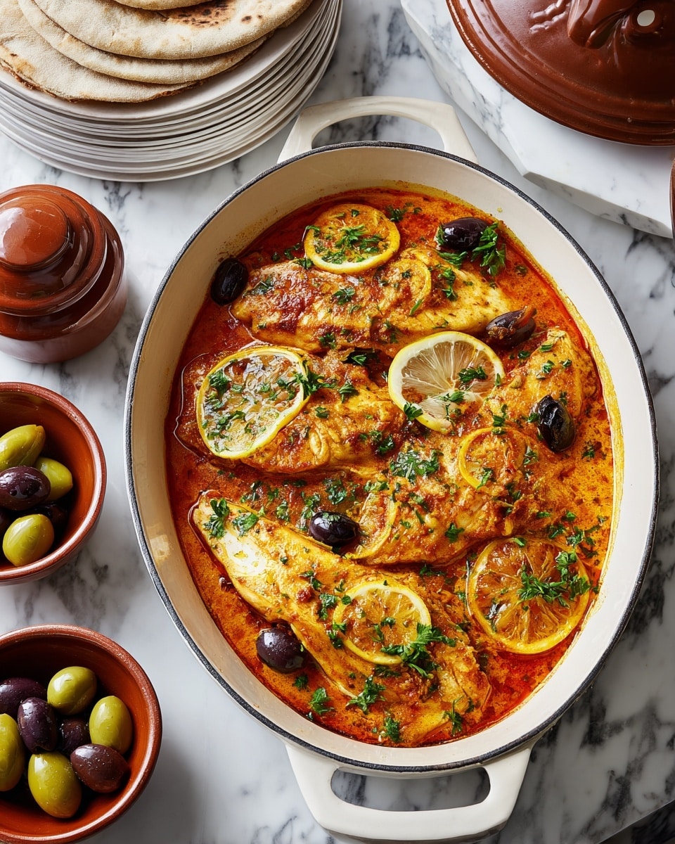 A white pan filled with a thick orange sauce holds multiple pieces of golden brown fish layered with yellow lemon slices and dark olives scattered on top, garnished with green parsley leaves. In the background, a white plate stacked with soft, round flatbreads rests next to small brown clay containers and a small orange bowl filled with green and purple olives, all set on a white marbled surface photo taken with an iphone --ar 4:5 --v 7