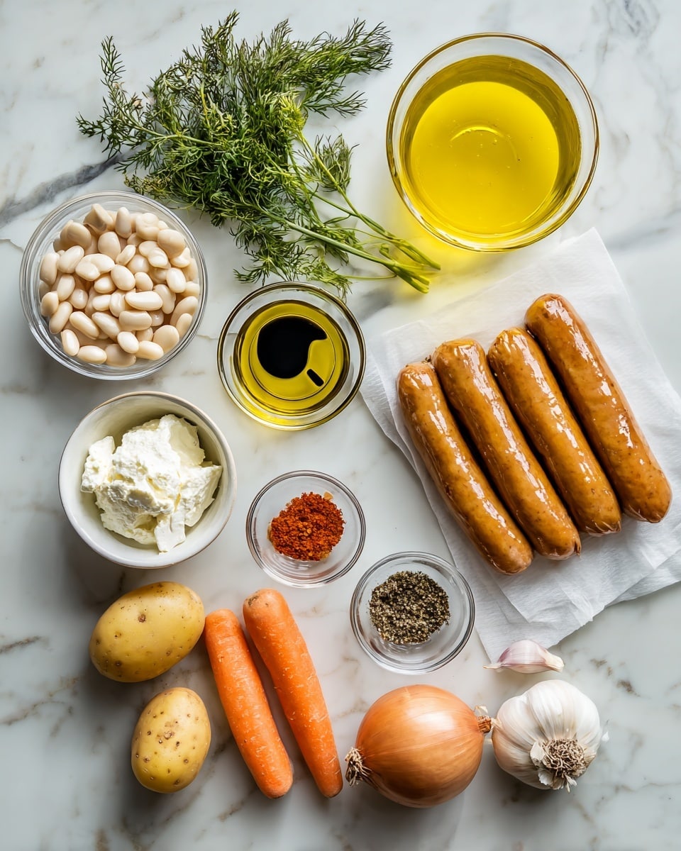 The image shows fresh ingredients laid out on a white marbled surface. There are five brown sausages stacked on white paper to the right. Near the sausages is a clear glass container with yellow chicken broth. Below the sausages, there is a small glass bowl with olive oil and another with black pepper. To the left of the sausages, there is a small white dish with white cream cheese. Below the cream cheese, there are three small potatoes with light brown skin grouped together. Nearby, two orange carrots lie next to a small onion with light brown skin and three cloves of garlic with purple markings. Below the garlic, small clear bowls hold sweet paprika and marjoram. Above the potatoes, there is a small bunch of fresh, green dill. Near the top left, there is a small glass jar filled with white beans. Everything is bright and clearly visible with simple, fresh colors. Photo taken with an iphone --ar 4:5 --v 7