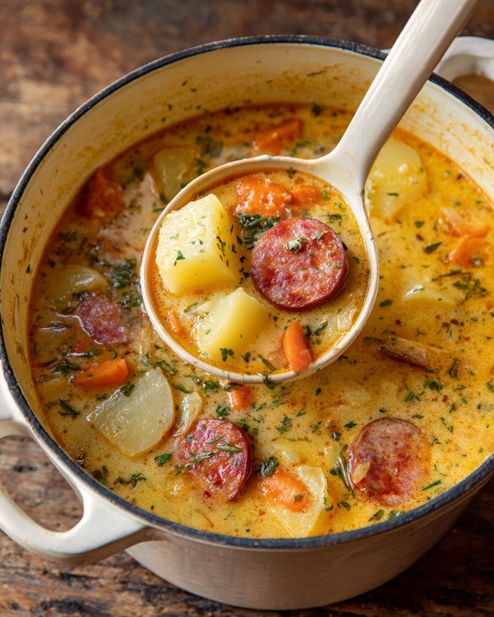 A white pot filled with thick soup that has a creamy orange-yellow broth with specks of green herbs throughout. Floating in the soup are chunks of light yellow potatoes, thin slices of reddish sausage, and pieces of orange carrot, all mixed evenly. A white ladle is lifting a spoonful of the soup, showing the chunky vegetables and sausage close up. The pot sits on a rustic wooden surface. photo taken with an iphone --ar 4:5 --v 7