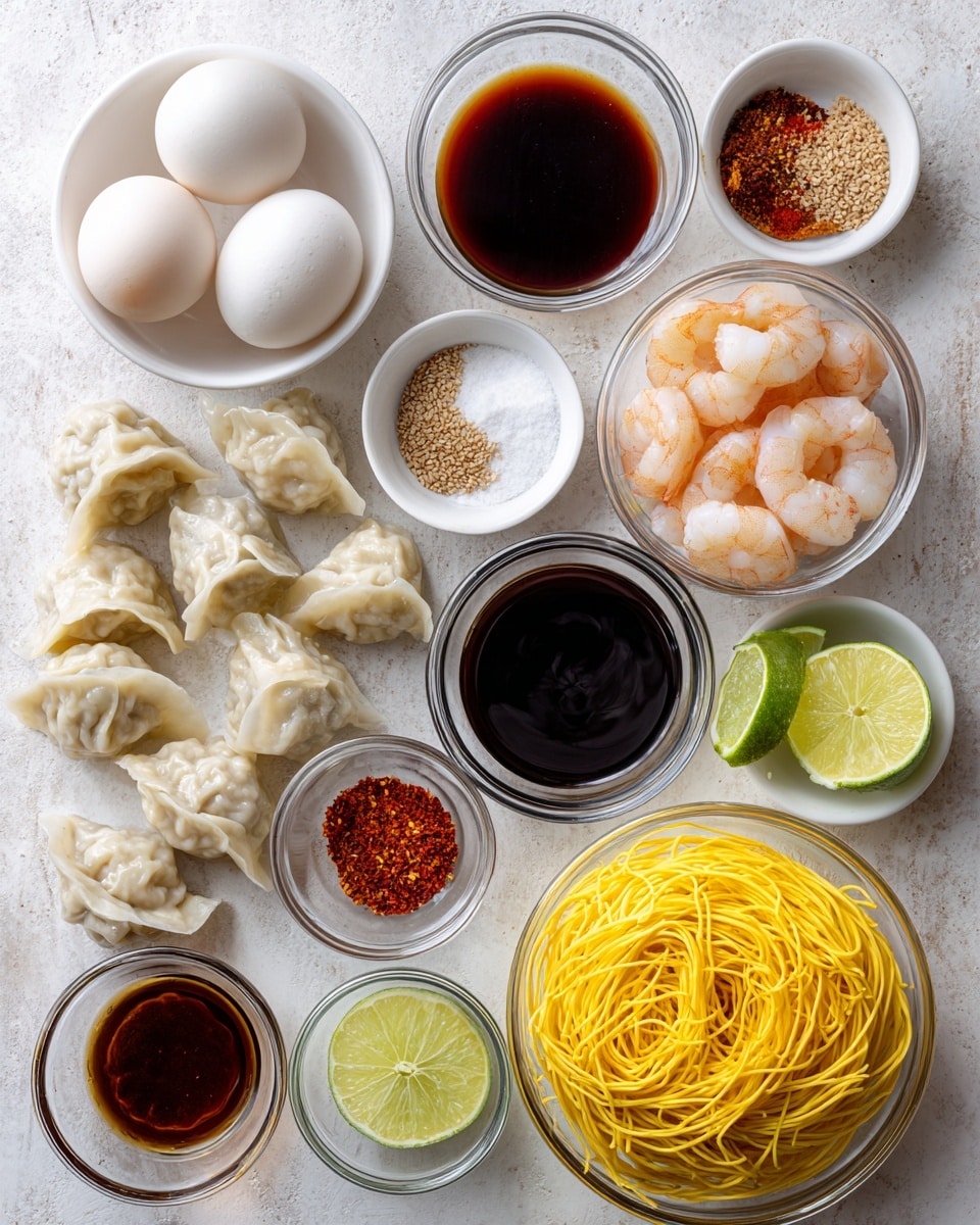 This image shows a white marbled surface with many small clear glass bowls and white bowls arranged neatly. There are three boiled eggs in one white bowl, several peeled shrimp in another white bowl, and three lime wedges in a smaller white bowl. On the surface there are ten dumplings lined up in two rows, dried red pepper flakes and powder in small glass bowls, sesame seeds in a white bowl, clear liquid in glass bowls, dark soy sauce in a large glass bowl, and a bowl filled with yellow noodles. Everything is organized clearly, showing all ingredients separately. Photo taken with an iphone --ar 4:5 --v 7