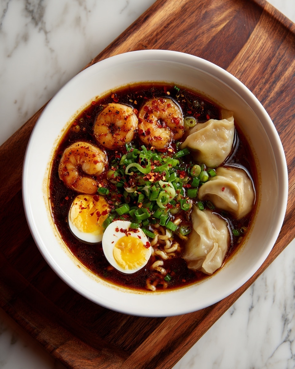 A bowl of noodle soup with three cooked shrimps covered in red chili flakes and chopped green onions sitting on top in the center, three light-colored dumplings on the right side, and two halves of a boiled egg with bright yellow yolks at the top left, all floating in a dark broth with visible curly noodles underneath, served in a white bowl on a wooden board with a white marbled surface underneath, photo taken with an iphone --ar 4:5 --v 7