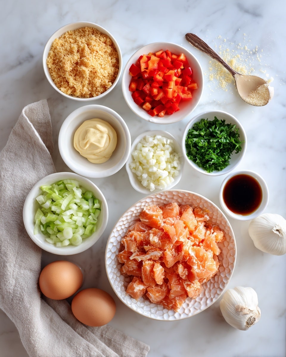 The image shows various ingredients placed on a white marbled surface with a light gray cloth underneath some bowls. At the center bottom is a white bowl with a honeycomb pattern filled with cooked, flaked salmon in pink and orange tones. Surrounding it, there are small white bowls with diced red bell pepper in bright red, chopped celery in light green, chopped onions in white, and fresh parsley in dark green. Near the top center, a small white bowl holds mayonnaise and dijon mustard side by side, creamy pale yellow and mustard yellow respectively. Another small white bowl contains minced garlic in creamy off-white, with two brown eggs placed beside it. A larger white bowl on the left is filled with golden brown breadcrumbs, and a small white bowl to the lower right of the eggs has dark brown Worcestershire sauce. The layout is neat and colorful, emphasizing fresh and cooked ingredients ready for mixing photo taken with an iphone --ar 4:5 --v 7