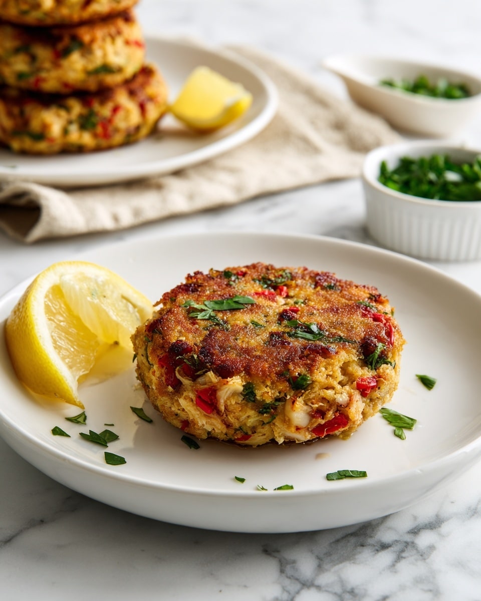 A round crab cake with a golden-brown crust and visible pieces of red and green bell peppers, onions, and herbs sits in the center of a white plate. It is garnished with small green herb pieces scattered on top and around it. To the left of the crab cake, a lemon wedge adds a bright yellow contrast. In the background, a white plate holds a stack of similar crab cakes, partially covered by a beige cloth, along with another lemon wedge and a white bowl filled with chopped green herbs. The scene is set on a white marbled surface. photo taken with an iphone --ar 4:5 --v 7