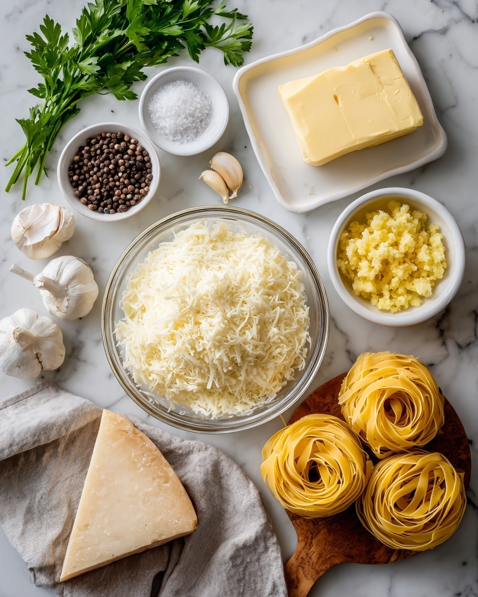 This image shows ingredients for cooking on a white marbled surface. At the center is a clear glass bowl filled with finely grated parmesan cheese, pale yellow and fluffy. To the right, a small clear bowl holds finely chopped yellow garlic. Above, a white bowl contains a solid block of yellow butter. On the top left side, a white tray holds two small white bowls filled with coarse salt (white) and whole black peppercorns (dark brown to black), alongside a couple of peeled garlic cloves and fresh green parsley leaves. On the bottom left, there is a small bottle of white heavy cream. At the bottom right corner, a wooden board rests on a light gray cloth with rolls of uncooked tagliatelle pasta in a bright yellow color and a wedge of hard cheese that is pale yellow with a rough texture. The photo taken with an iphone --ar 4:5 --v 7