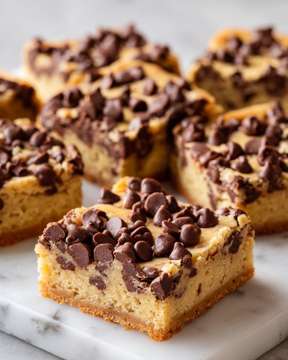 Multiple square cookie bars are placed on a white marbled surface. Each bar has two visible layers: a thick, golden-brown cookie base with a soft texture, and a generous layer of dark brown chocolate chips scattered densely on top. The chocolate chips vary in size, some are round and smooth, while others have a slightly melted look. The edges of the cookie bars are a little crisp, giving a slightly uneven surface. The photo is close-up, showing the texture and details clearly. photo taken with an iphone --ar 4:5 --v 7