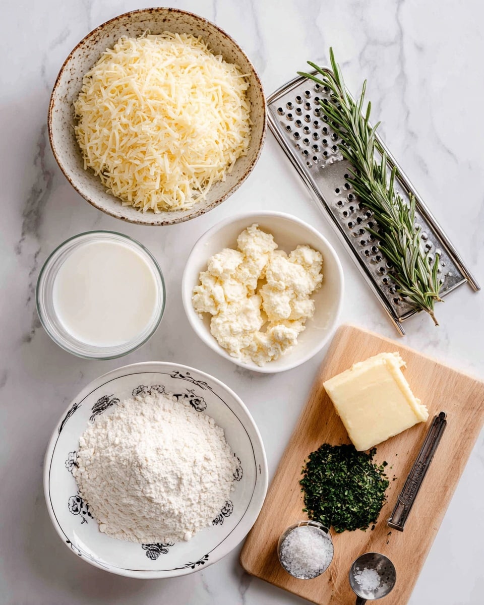 The image shows several ingredients arranged neatly on a white marbled surface. At the top left, there is a rustic bowl filled with a soft-textured, pale yellow shredded Italian cheese. Below it on the left is a clear glass container with a white liquid buttermilk. In the center bottom sits a shallow white bowl with four cups of white flour, with a metal scoop partially buried in it. To the right, a white bowl with decorative black markings holds a heap of grated butter, sitting atop a metal grater with a small block of butter on it. At the top right, a small wooden cutting board holds three piles of chopped green herbs - rosemary in dark green, parsley in bright green, and a spoonful of off-white garlic powder; a spoon with black ground pepper lies between the cutting board and bowl of shredded cheese. The whole setup is bright and clean, styled for clear visibility of each ingredient. Photo taken with an iphone --ar 4:5 --v 7