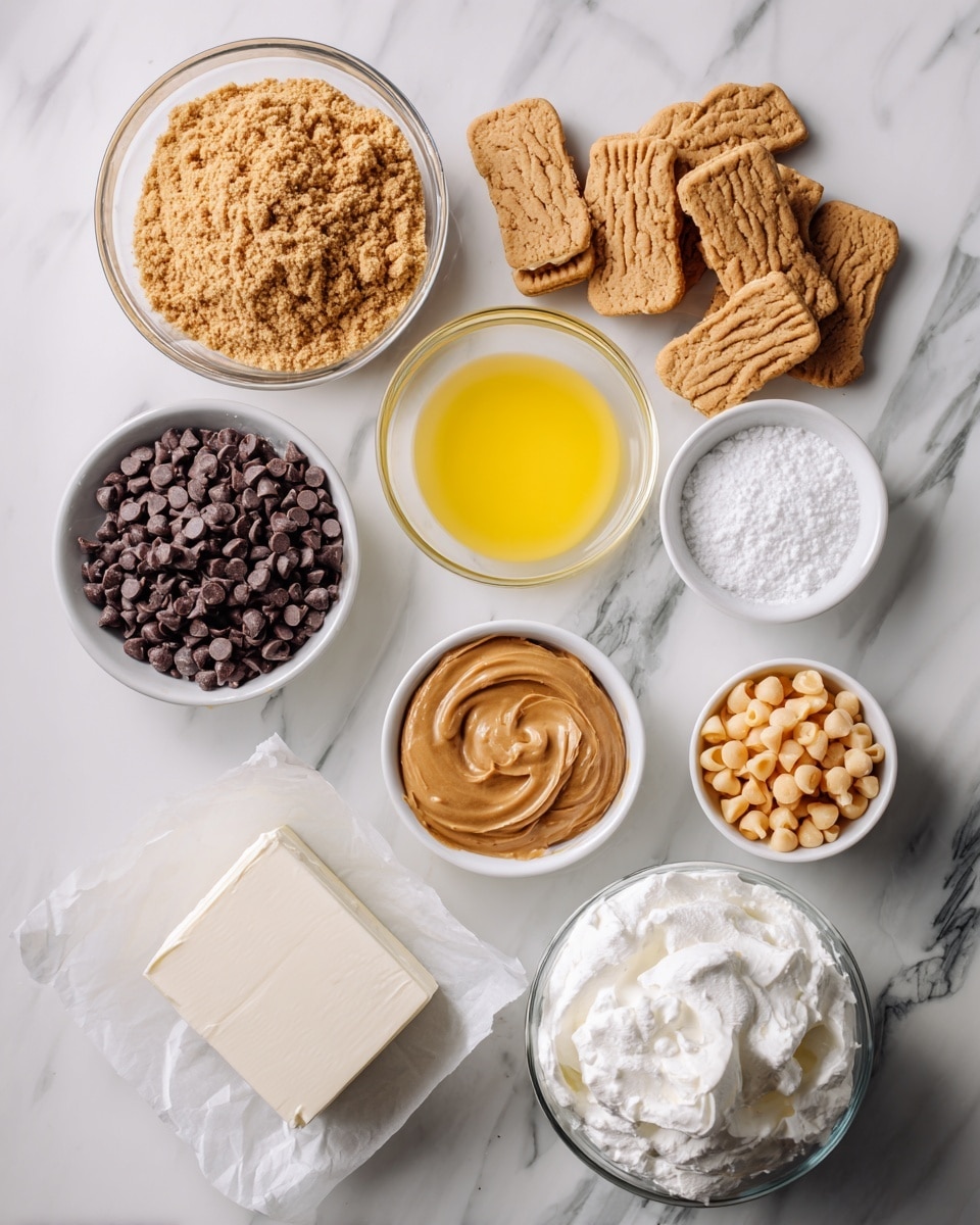 The image shows ingredients for a dessert arranged neatly on a white marbled surface. At the top left, there is a clear glass bowl filled with finely crushed peanut butter sandwich cookies, beside several whole peanut-shaped cookies. To the right, there is a small white bowl with bright yellow melted butter and above it, a small white bowl with a heap of white powdered sugar. Below the butter, a small white bowl holds smooth light brown peanut butter, and next to it, a small white bowl is filled with light tan peanut butter chips. In the center, a clear glass measuring cup contains white milk. To the left of the milk, a small white bowl is filled with dark chocolate chips, and next to it, an open white box shows dark chocolate pudding mix. On the bottom left, a square of cream cheese is sitting on white parchment paper. At the bottom right, a large white bowl is filled with fluffy white whipped topping. The photo taken with an iphone --ar 4:5 --v 7