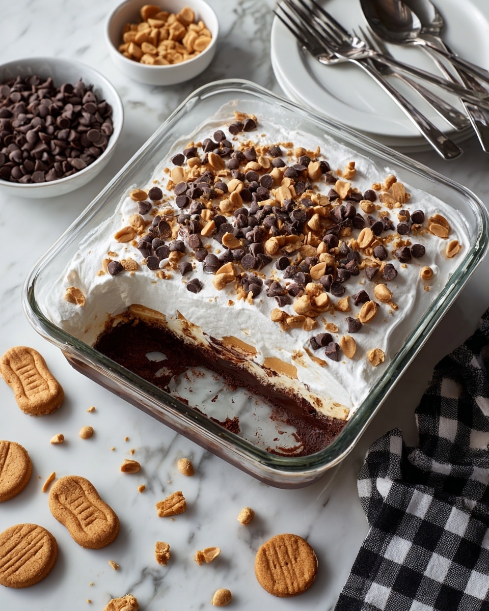 A clear glass square dish shows a dessert with three visible layers: the bottom is dark brown chocolate, the middle is creamy white, and the top is covered with an even layer of white cream sprinkled with light brown and dark brown chocolate chips and broken peanut-shaped cookie pieces. One serving is missing from the bottom left corner, revealing the layers inside and some chocolate smears on the glass edges. Around the dish on a white marbled surface, there are whole peanut-shaped cookies scattered, a white plate with four silver forks, a white bowl filled with dark chocolate chips, and a black and white checkered cloth partially visible. Photo taken with an iphone --ar 4:5 --v 7