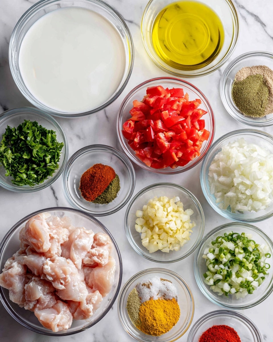 The image shows many small clear glass bowls arranged on a white marbled surface, each filled with different ingredients. There are two larger bowls, one with smooth white coconut milk and another with light pink raw chicken on the lower left. To the right of the chicken is a bowl with bright red chopped tomatoes. Above the tomatoes is a bowl with finely chopped white onion, and above that is a bowl with golden olive oil. Scattered around are smaller bowls with various ingredients, including green chopped parsley, green chopped jalapeno, pale yellow minced ginger, light yellow lemon juice, white salt mixed with black pepper, bright yellow turmeric powder, browner coriander powder, brown cumin powder, orange-red cayenne powder, minced white garlic, and tan garlic powder. All items are neatly placed and shown clearly. photo taken with an iphone --ar 4:5 --v 7